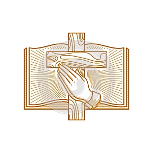 Church logo. Christian symbols. Hands folded in prayer against the background of a wooden cross of Jesus Christ and an open bible