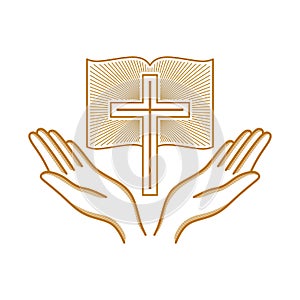 Church logo. Christian symbols. Hands raised to the cross of the Lord Jesus Christ