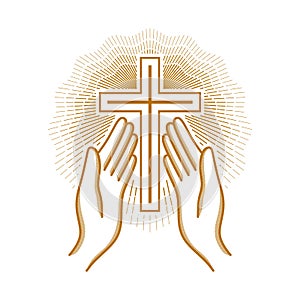 Church logo. Christian symbols. Hands raised to the cross of the Lord Jesus Christ