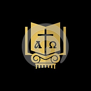 Church logo. Christian symbols. Holy bible, cross, alpha and omega