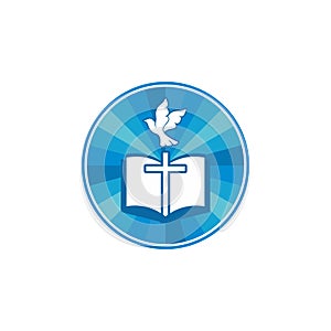 Church logo. Christian symbols. Holy bible, cross and dove