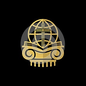 Church logo. Christian symbols. Holy bible, globe and cross