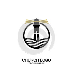 Church logo. Christian symbols. The lighthouse of Jesus Christ shines the truth for those in the dark.