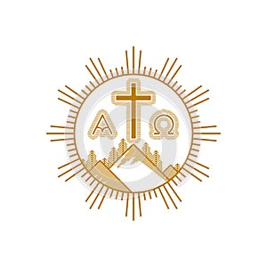 Church logo. Christian symbols. Mountains, the cross of Jesus Christ, alpha and omega