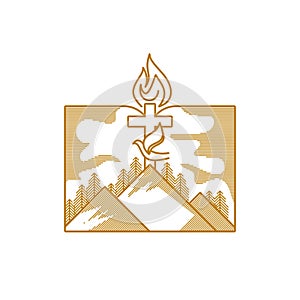 Church logo. Christian symbols. Mountains, the cross of Jesus Christ, a dove and a flame against the background of an open bible