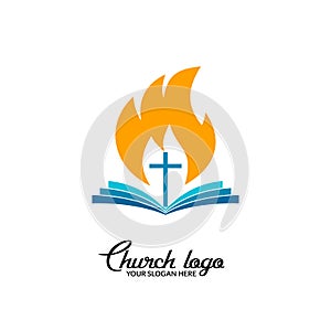 Church logo. Christian symbols. Open bible against the background of the cross and the flame of the Spirit