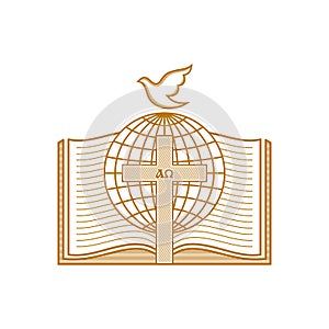 Church logo. Christian symbols. Open bible, cross and globe