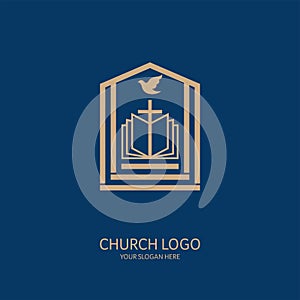 Church logo. Christian symbols. The open bible, the cross of Jesus Christ and the dove