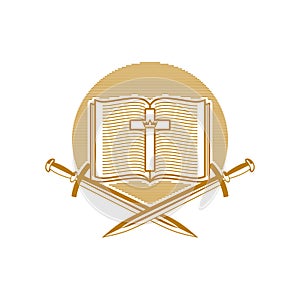 Church logo. Christian symbols. An open Bible, the cross of Jesus Christ and swords