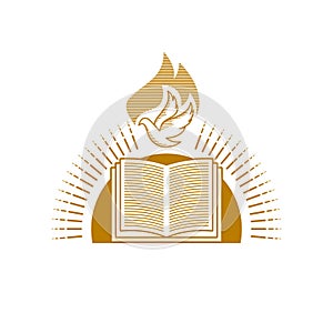 Church logo. Christian symbols. An open Bible and a dove against the backdrop of the sun shines