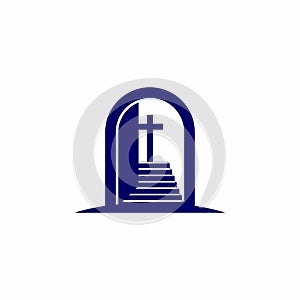 Church logo. Christian symbols. Open the door and the staircase leading to the cross of the Lord and Savior Jesus Christ