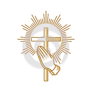Church logo. Christian symbols. Praying hands and cross of Jesus Christ