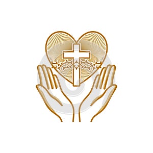 Church logo. Christian symbols. Praying hands are directed to the heart with the crown of thorns of Jesus Christ