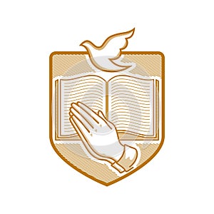 Church logo. Christian symbols. Praying hands on open bible background