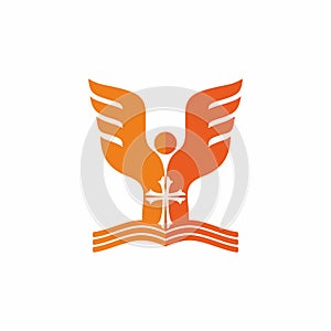 Church logo. Christian symbols. Scripture, the angel and the cross of Jesus