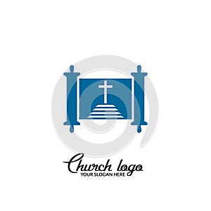 Church logo. Christian symbols. A staircase leading to the cross of Christ against the background of an open scroll of scripture