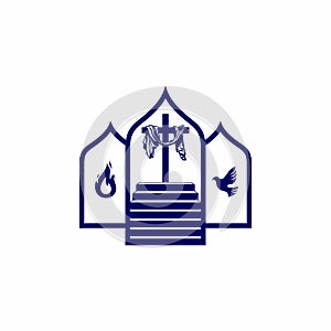 Church logo. Christian symbols. Stairway to the cross of Jesus Christ, the Holy Spirit as a dove and flames