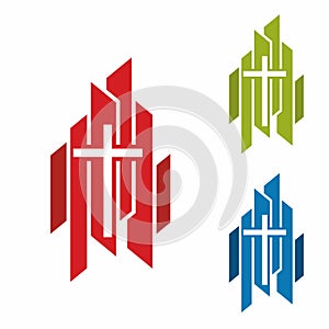 Church logo. Christian symbols. Stylish cross of Jesus Christ among graphic vector elements