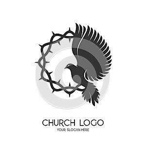 Church logo. Christian symbols. The symbol of the Holy Spirit is a dove. The crown of trinity is a symbol of suffering