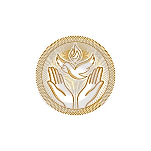 Church logo. Christian symbols. The symbols of the Holy Spirit are the dove and the flame, and below are praying hands