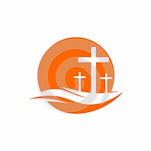 Church logo. Christian symbols. Three crosses on a hill