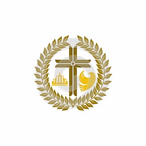 Church logo. Christian symbols. Wreath, Jesus cross, crown and dove photo