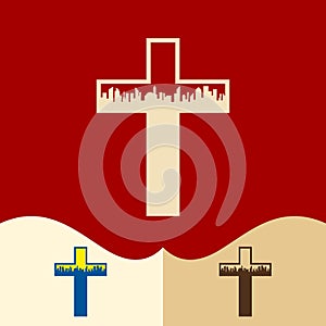 Church logo. Cristian symbols. The cross of Jesus and the city.