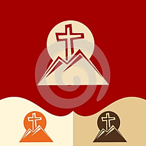 Church logo. Cristian symbols. Cross of Jesus and mountains.