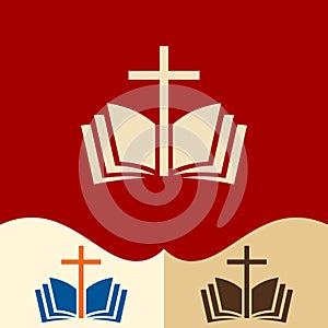 Church logo. Cristian symbols. The cross of Jesus and the open bible