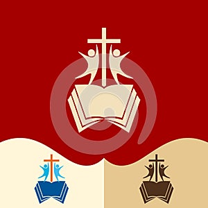 Church logo. Cristian symbols. The cross of Jesus, the open bible and people. photo