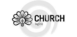 Church logo with cross, bulb and flower. Ligth cross bible church vector logotype