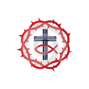 Church logo. The cross of Jesus, the crown of thorns and the sign of the fish