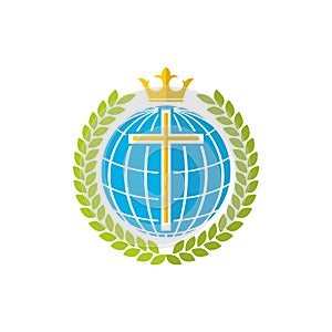 Church logo. The cross of Jesus, the globe, the king`s crown and laurels