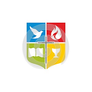 Church logo. The cross of Jesus, the open bible, the cup of Christ and the dove