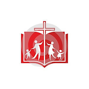 Church logo. The cross of Jesus, the open bible and the family of believers in the Lord