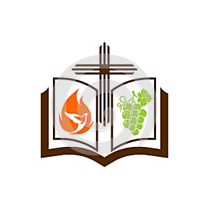 Church logo. The cross of Jesus, the open bible, the pigeon in the flame of fire and the bunch of grapes