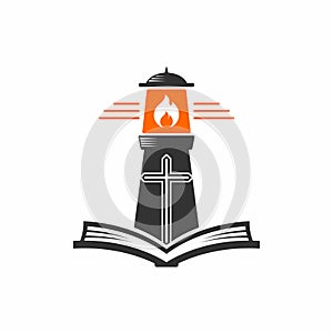 Church logo. God`s lighthouse and the Holy Scripture.