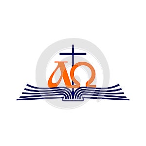 Church logo. Open Bible, the cross of Jesus and Alpha and Omega.