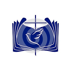 Church logo. The open bible, the cross of Jesus Christ and the dove are a symbol of the Holy Spirit