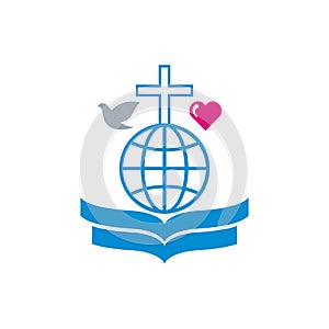 Church logo. An open bible, a globe with a cross