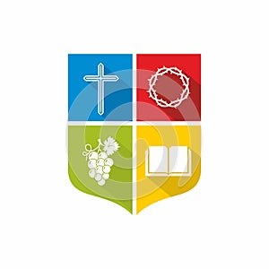 Church logo. The open pages of the Bible, the crown of thorns, the cross of Jesus Christ and the bunch of grapes on a colored shie