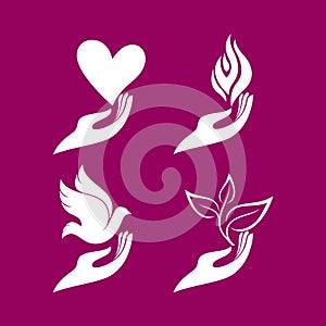 Church logo. Set - hands with a heart and a dove, flame and sprout