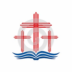 Church logo. Three crosses and pages of the Bible