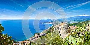 Church of Madonna della Rocca in Taormina, Sicily, Italy and Etna volcano photo