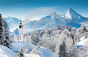 Church of Maria Gern with Watzmann in winter, Berchtesgadener Land, Bavaria, Germany