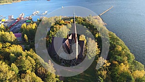 Church of Mary Magdalene, October evening. Primorsk, Russia aerial video