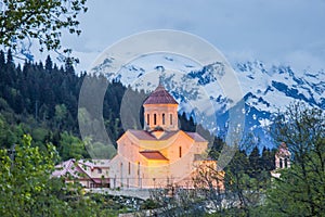 Church in Mestia at sunrise, Svaneti, Georgia.