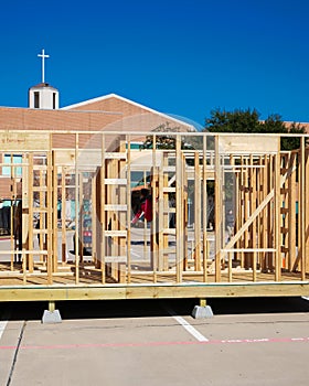 Church ministry project building mobile home, residential manufactured house under construction, wooden prefab house timber