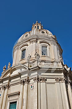 Church of the Most Holy Name of Mary at the Trajan Forum and the Trajan`s Column in Rome, Italy. Chiesa del Santissimo Nome di