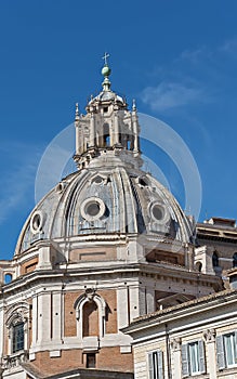 Church of the Most Holy Name of Mary at the Trajan Forum and the Trajan`s Column in Rome, Italy. Chiesa del Santissimo Nome di